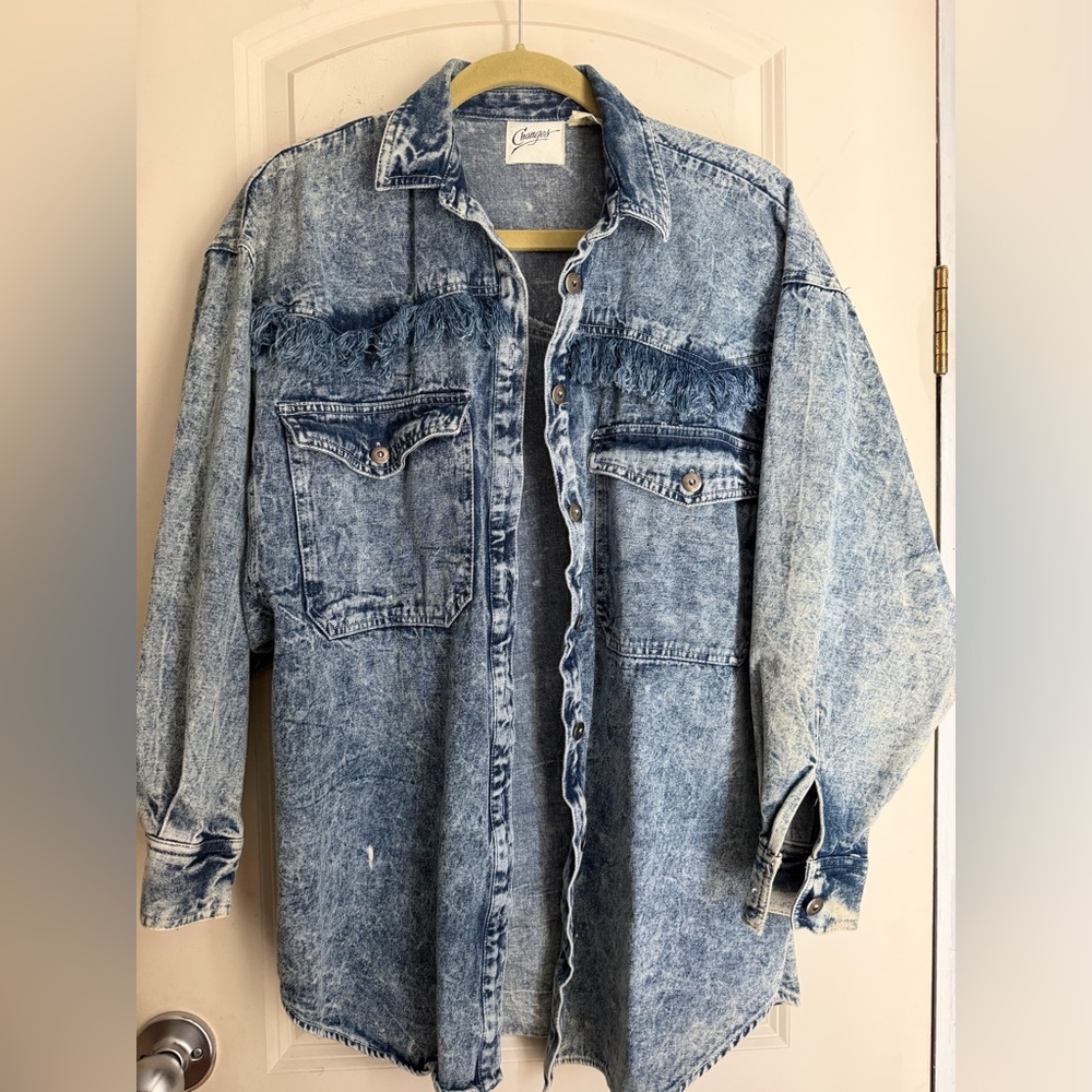 Vintage Acid Wash fringe Denim Jacket S oversized western rodeo boho casual